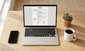 Contoh format CV ATS Friendly 2026 di layar laptop dengan secangkir kopi